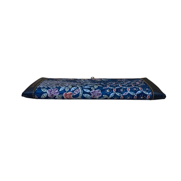Japanese Women’s Blue Fabric & Metal Floral Pattern Clasp Wallet
