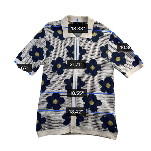 Massive Womens Ivory & Navy Blue Floral Button-Up Short Sleeve Cardigan M