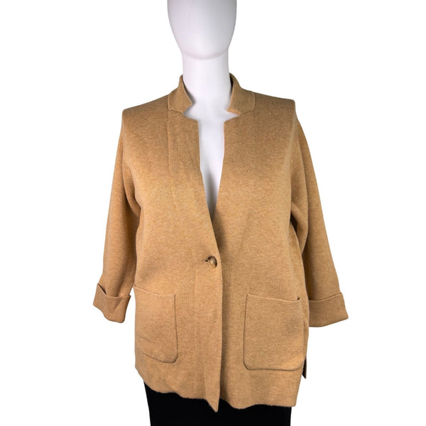 Talbots Womens Camel Nylon Wool Open Front Blazer Jacket With Pockets Size 2X