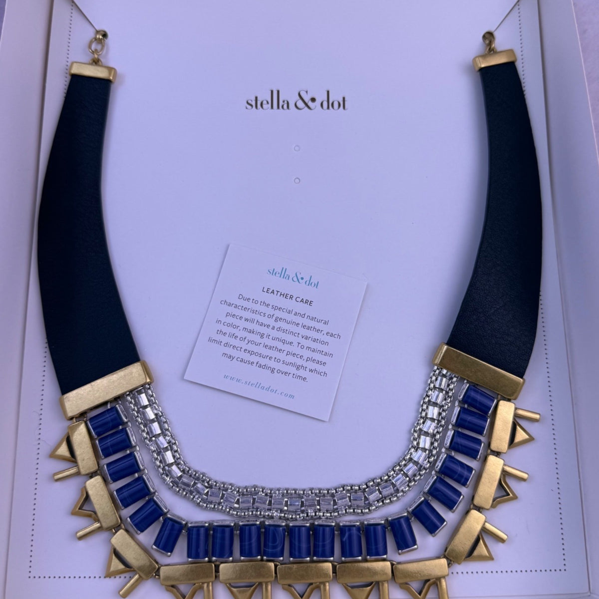 Stella & Dot Womens Black & Blue Leather Necklace "Natalie" Gold-Tone Accents