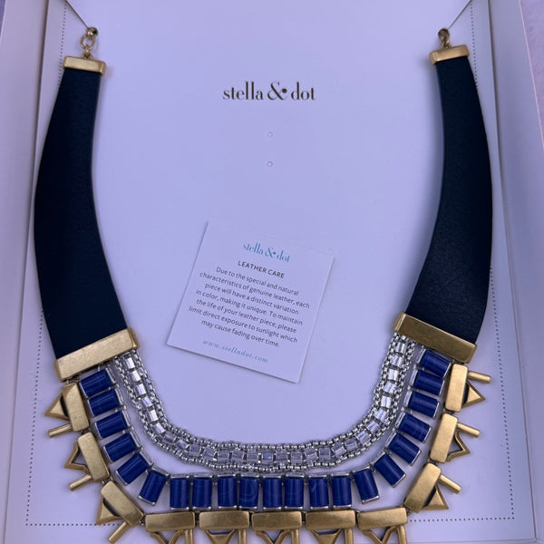 Stella & Dot Womens Black & Blue Leather Necklace "Natalie" Gold-Tone Accents