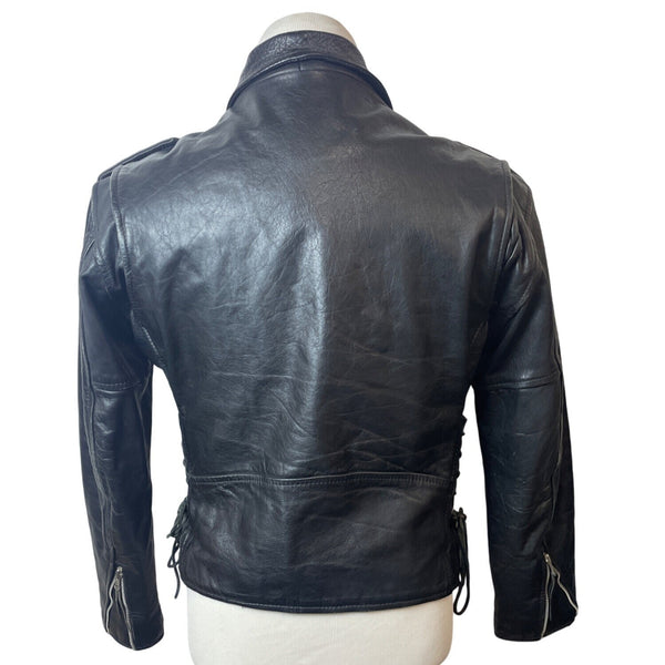 Vintage First Genine Leather Black Motorcycle Jacket With Zipper & Snap Details