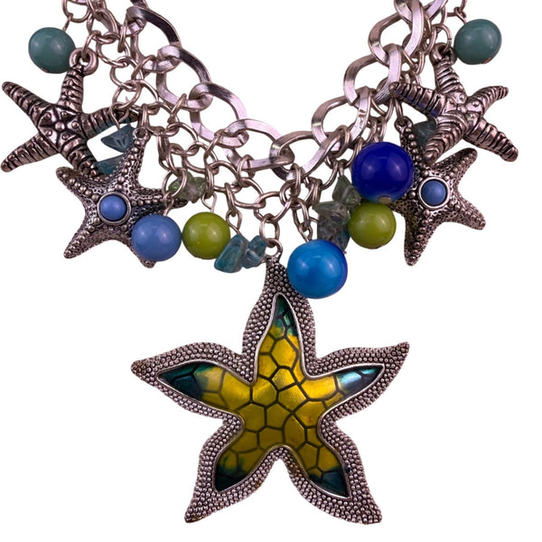 Silver Tone Womens Multi-Color Starfish Charm Necklace Chain In Bold Design