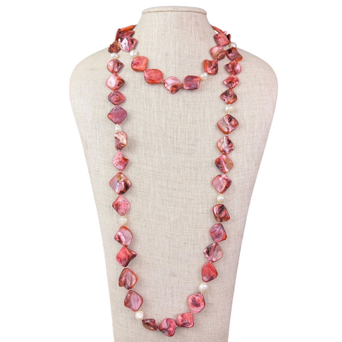 Red Pink Womens Shell & Pearl Long Necklace
