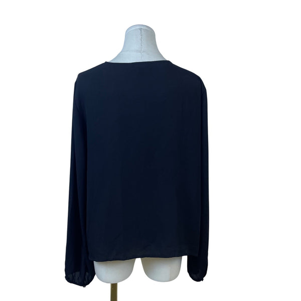 Banana Republic Womens Black Polyester V-Neck Wrap Blouse Long Sleeve Size XL
