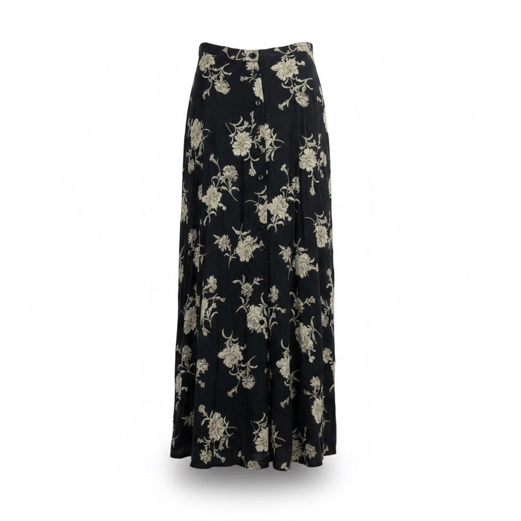 Jones New York Womens Black Rayon Floral A-Line Maxi Skirt Button Front Size 10 