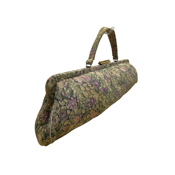 Vintage Women’s Green & Purple Floral Brocade Metal Bamboo Clasp Clutch Bag