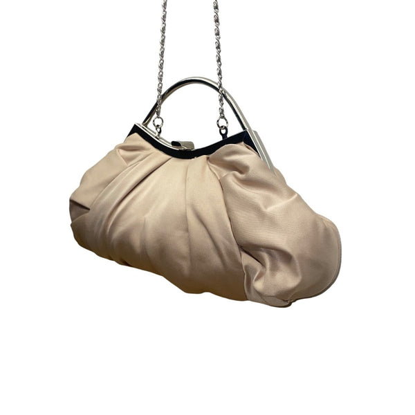 Lulu Townsend Women’s Beige Satin With Chain Strap  Pleated Clutch Evening Bag