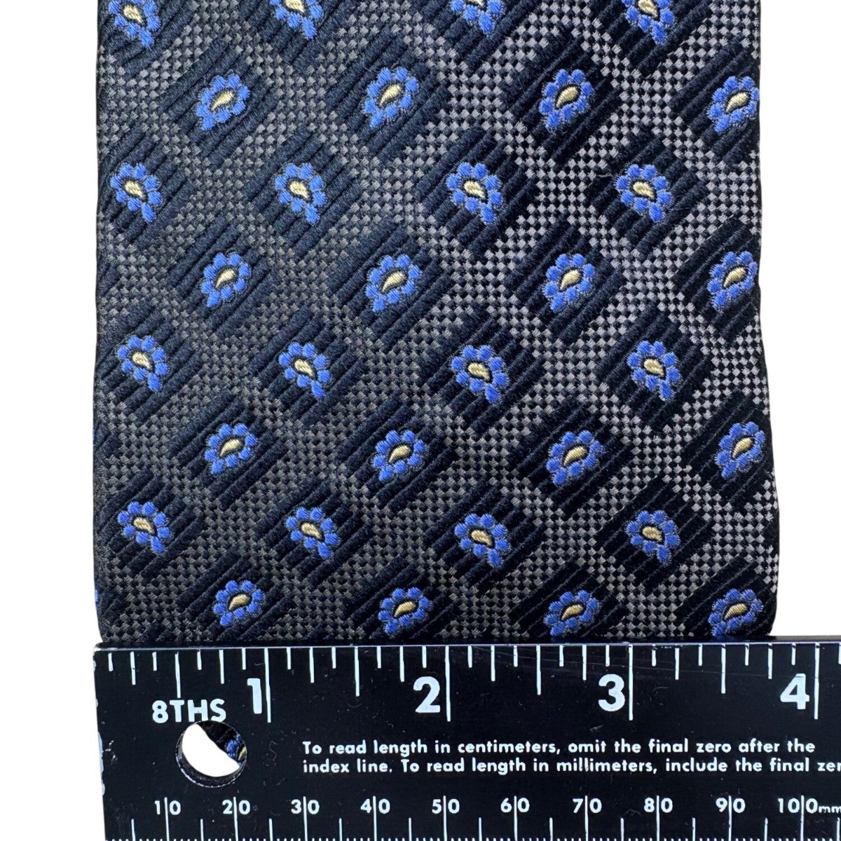 XM Platinum All Silk Handmade Tie Black With Blue Floral Pattern Made In USA
