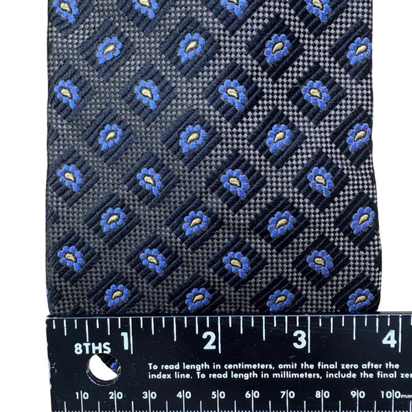 XM Platinum All Silk Handmade Tie Black With Blue Floral Pattern Made In USA