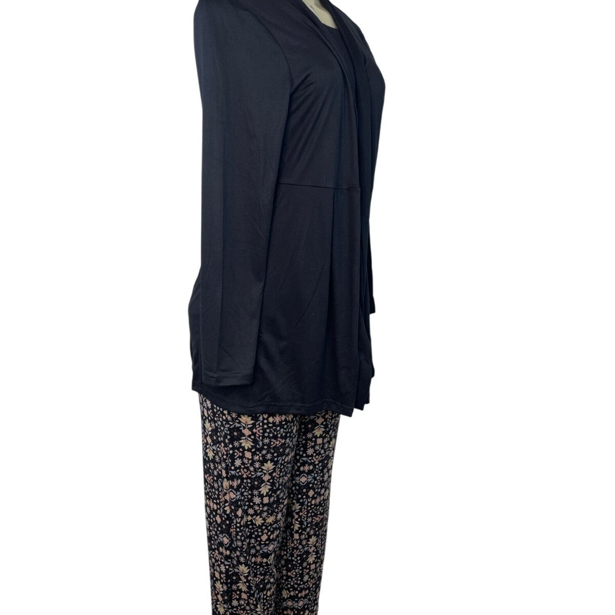 Muk Luks 3-Piece Black Open Cardigan T-Shirt & Floral Pant Lounge Set Sz S - New