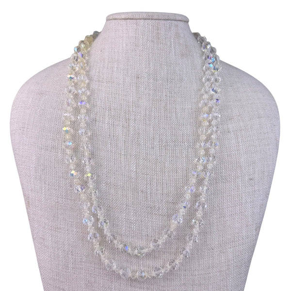 Vintage Womens Clear Crystal Necklace Faceted Beads Two-Strand