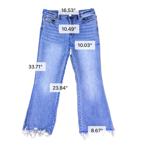 Mica Womens Blue Denim Frayed Hem Flared Jeans Comfortable Stretch Size 31