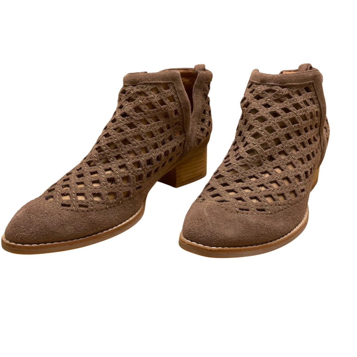 Jeffrey Campbell Women's Taupe Suede Cutout Western Block Heel Ankle Boots Sz 9