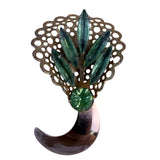 Gold Tone Green Rhinestone Filigree Brooch With Crescent Moon Shaped Design