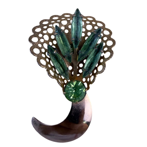 Gold Tone Green Rhinestone Filigree Brooch With Crescent Moon Shaped Design