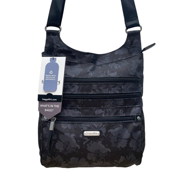 Baggallini Black Floral Design Adjustable Strap Zippered RFID Crossbody Bag Sz M