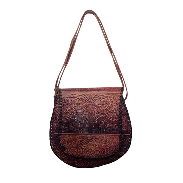 Women’s Brown Elephant & Tree Embossed Leather Shoulder Saddle Bag