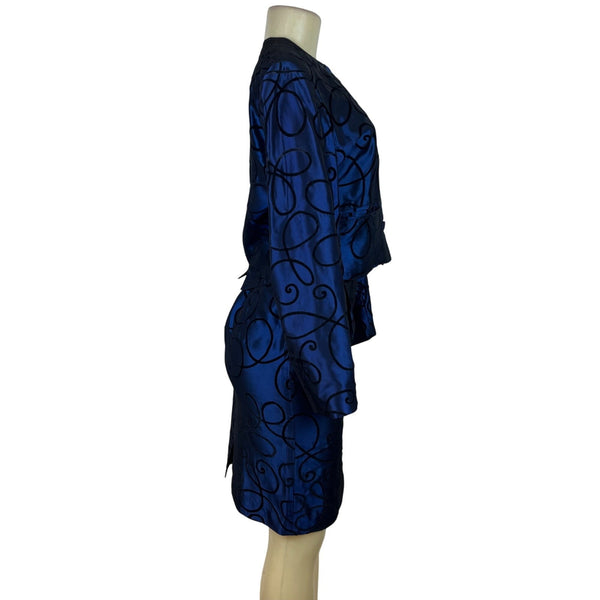 Tahari Vtg Blue Set With Black Swirl Design Details Blazer sz 15 Skirt sz 10