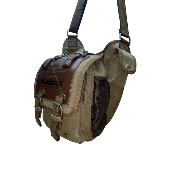 Kaukko Unisex Brown Canvas & Leather Adjustable Crossbody Strap Messenger Bag
