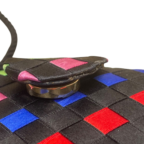 Women’s Black Multicolor Woven Satin Clasp Closure  Crossbody Purse Bag