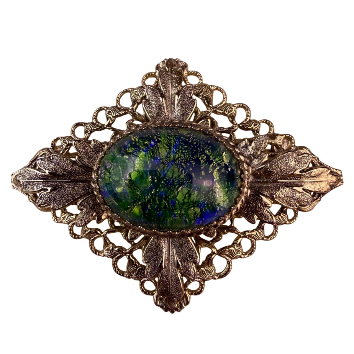 Vintage Unknown Gold-Tone Womens Oval Brooch Dragons Breath Glass Cabochon