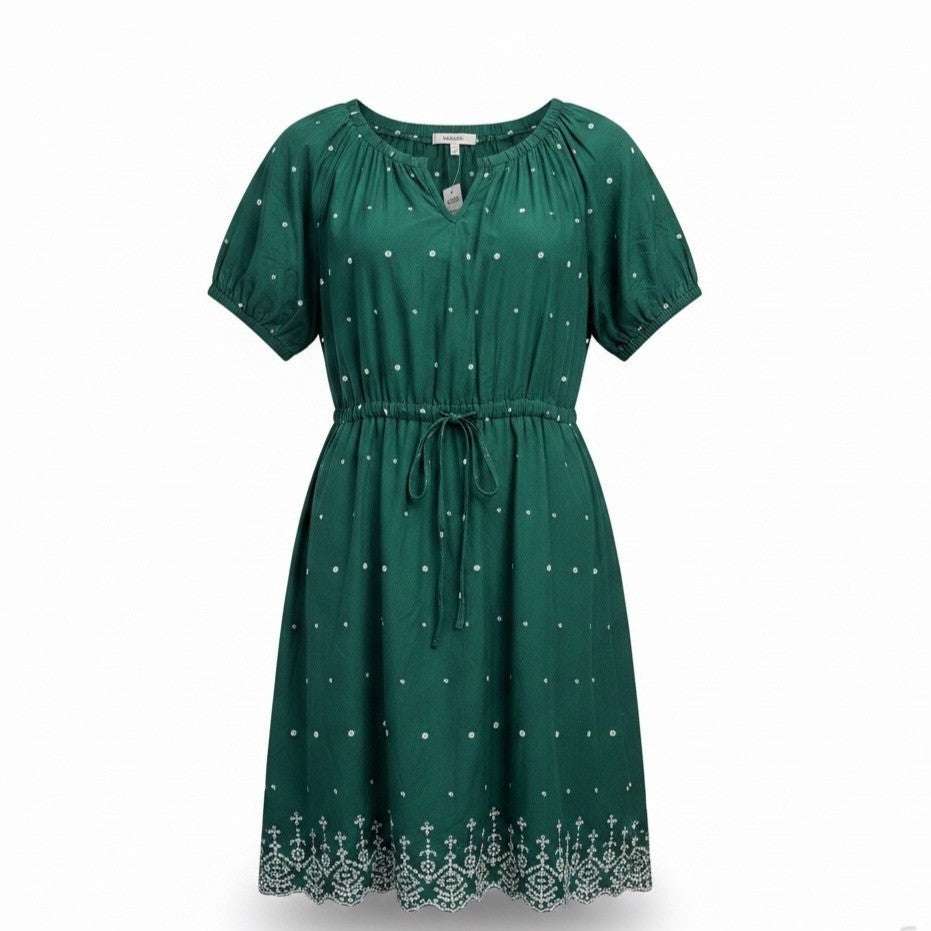 Loft Womens Green Cotton Short-Sleeve Embroidered Dress W/ Waist Tie Size L