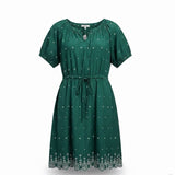 Loft Womens Green Cotton Short-Sleeve Embroidered Dress W/ Waist Tie Size L