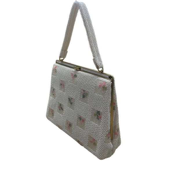 Vintage Lumured Women’s White Beaded Floral Pattern Clasp Closure Handbag