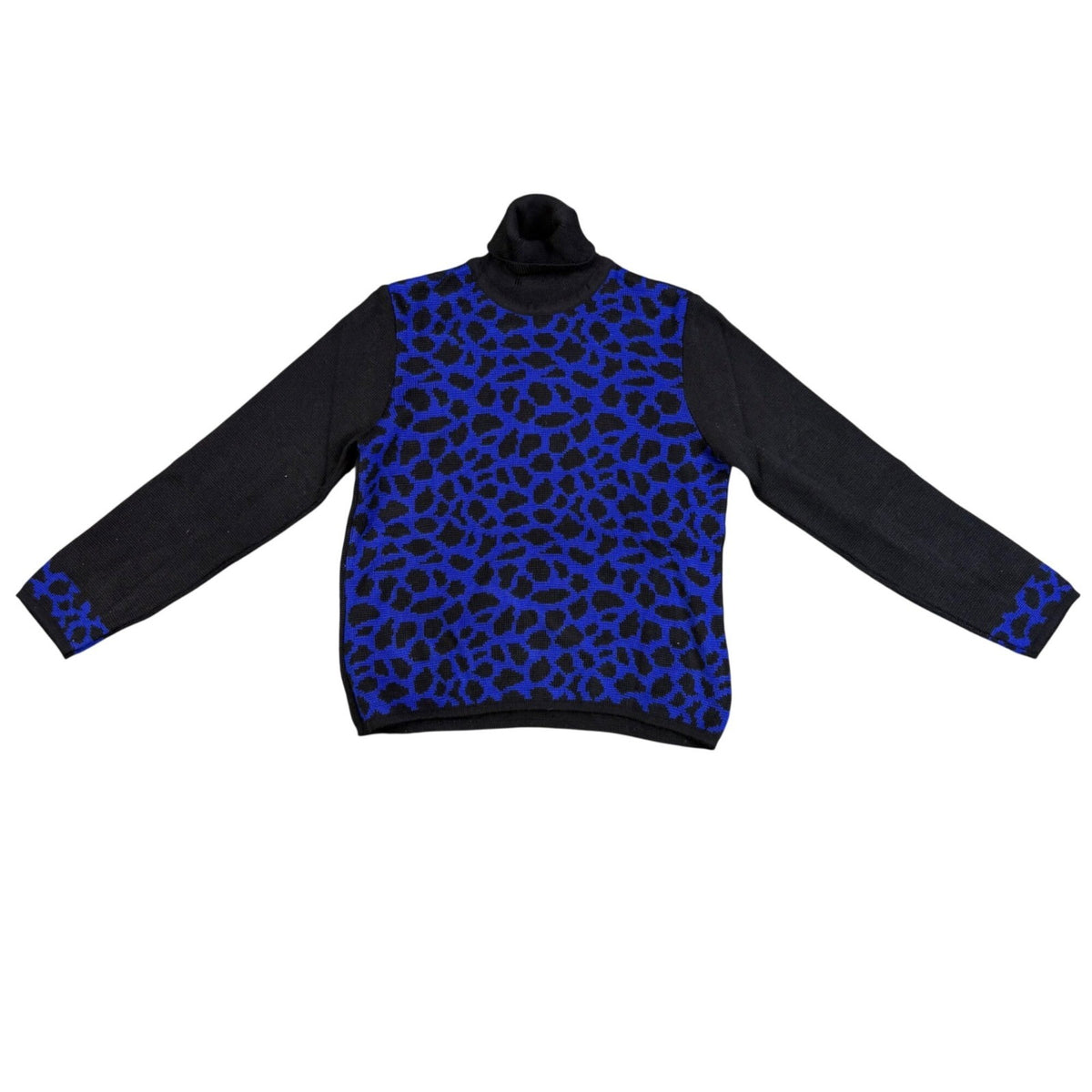 Nina Leonard Womens Black & Blue Leopard Print Turtleneck Sweater Size M