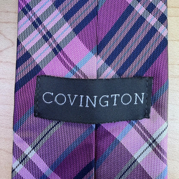 Covington Mens Purple Silk Plaid Necktie Classic Formal Dry Clean Only
