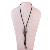 Vintage Western-Style Black Leather Bolo Tie With Etched Silver Tone Metal Slide