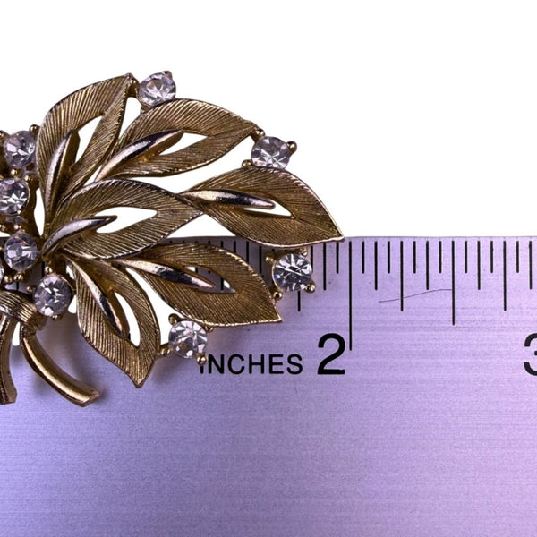 Lisner Womens Gold Tone Rhinestone Brooch Leaf Design Floral Jewelry Signed