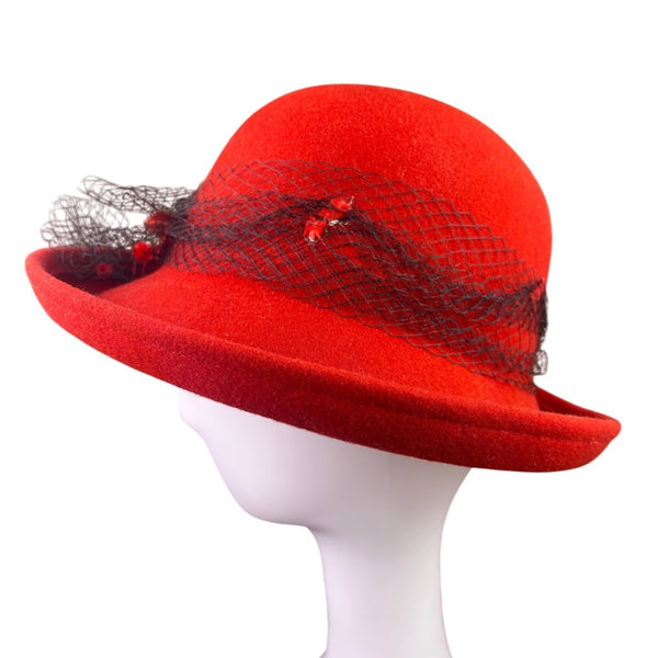 Street Smart Womens Red Wool Vintage Hat With Floral & Net Accent OS