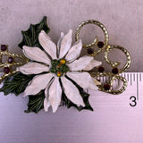Vintage Womens Gold Tone & Enamel Poinsettia Brooch White Flower Rhinestone