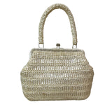 Vintage Women's White Ivory Woven Basket Beads Kiss-lock Handbag Sz M