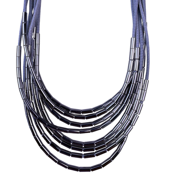 Loft Womens Gray/Silver-Tone Multi-Layer Cord Necklace With Metal Beads