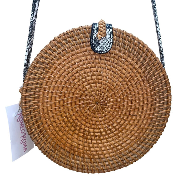 Romeo Roma Women’s Brown Rattan Woven Python Strap Detail Round Crossbody Bag