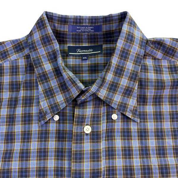 Faconnable Mens Blue Yellow Cotton Plaid Short Sleeve Button-Down Shirt Size XXL