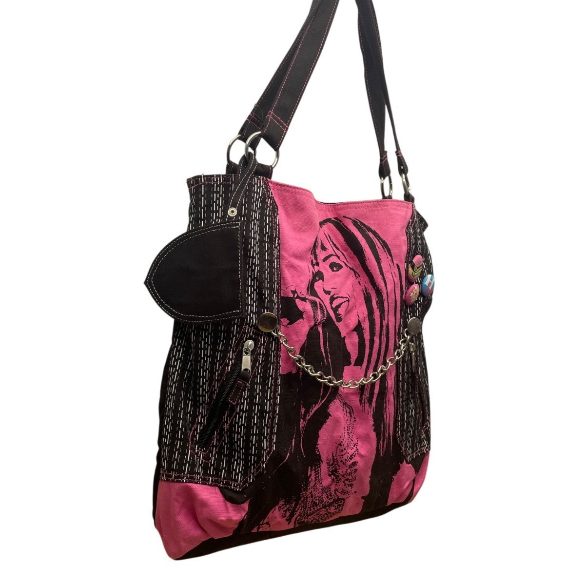 Disney Hannah Montana Pink & Black Tote Bag With Chain Detail & Buttons Graphic