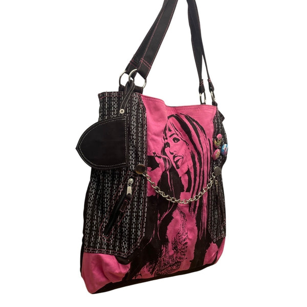 Disney Hannah Montana Pink & Black Tote Bag With Chain Detail & Buttons Graphic
