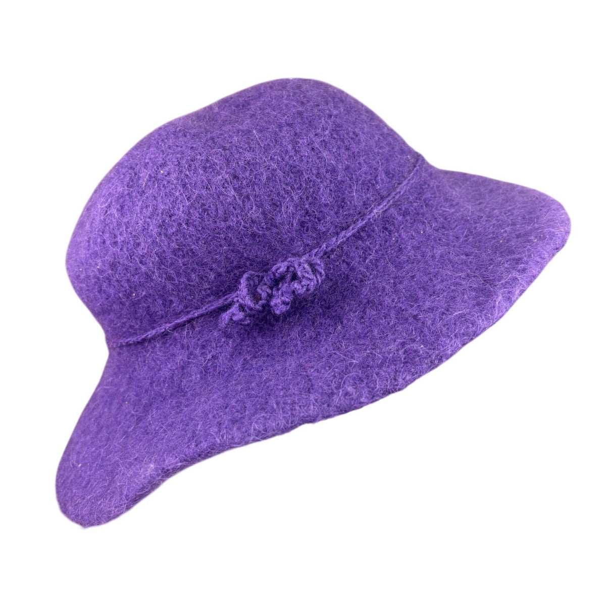 Wool Purple Womens Felted Handmade Hat With Flower Detail Elegant Soft Wide Brim