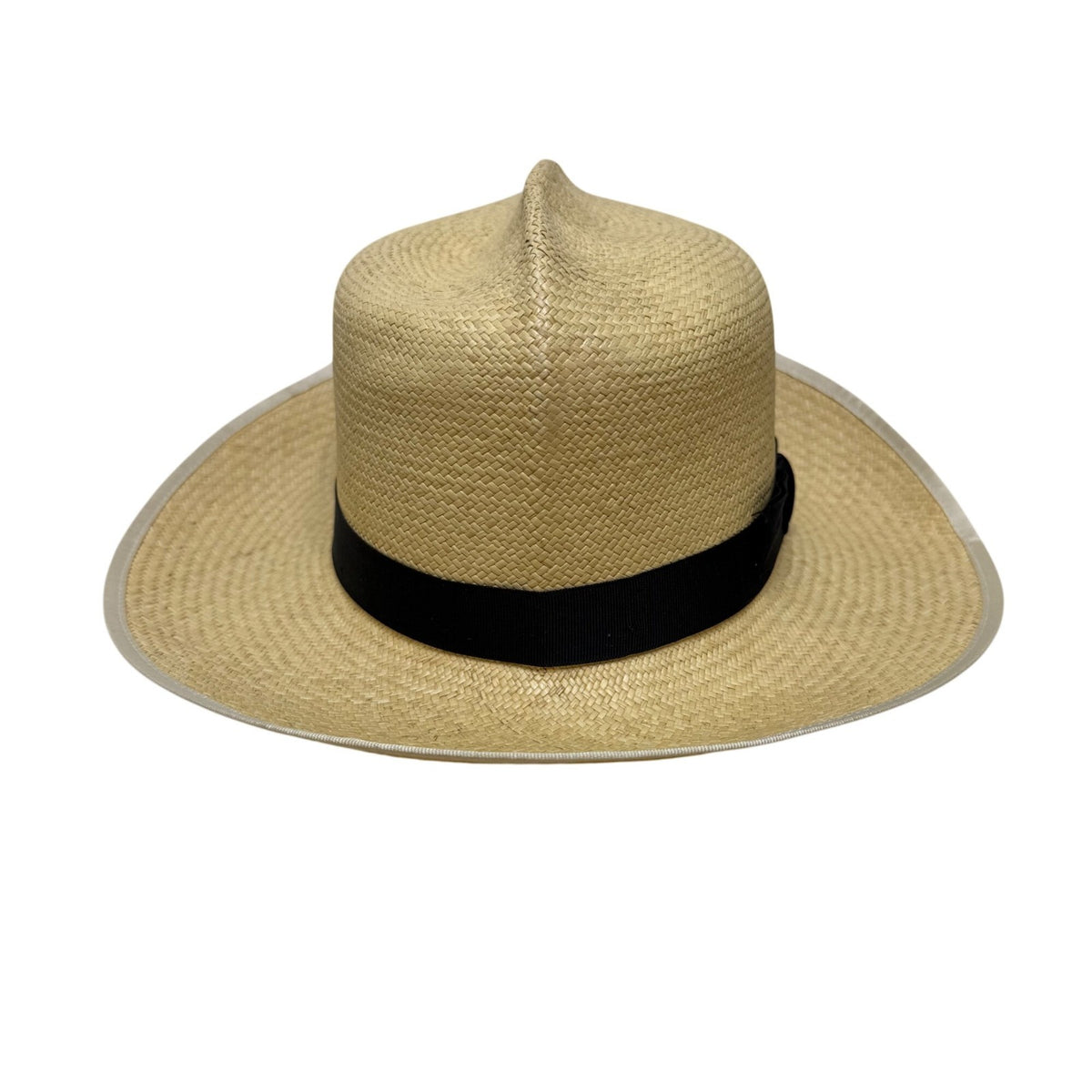 Vintage Genuine Panama Handwoven Straw Wide Brim Hat Black Ribbon Size 6 7/8