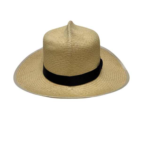 Vintage Genuine Panama Handwoven Straw Wide Brim Hat Black Ribbon Size 6 7/8