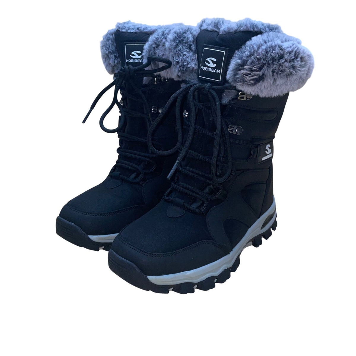 Hobibear Women’s Black & White Faux Fur Insulated Lace-Up Winter Boots Sz 6