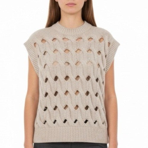 Anine Bing Women Beige Cotton/Polyester Sweater Vest Sleeveless Cable Knit Sz XS