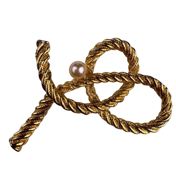 Vintage Gold Tone Womens Brooch Faux Pearl Textured Twisted Rope Design