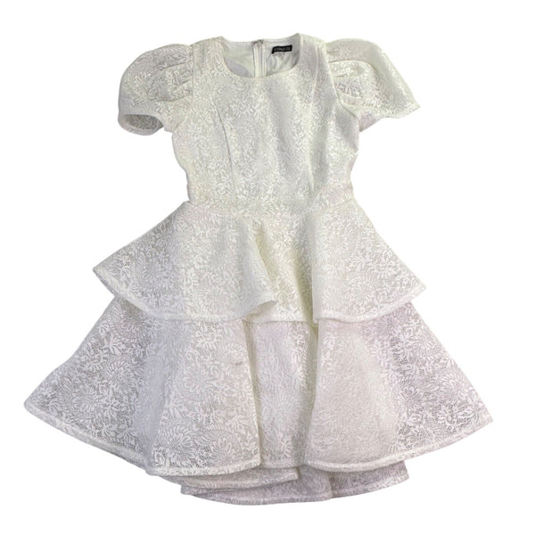 C By CQ Womens White Lace Puff-Sleeve Tiered Dress Floral Fully Lined Sz M