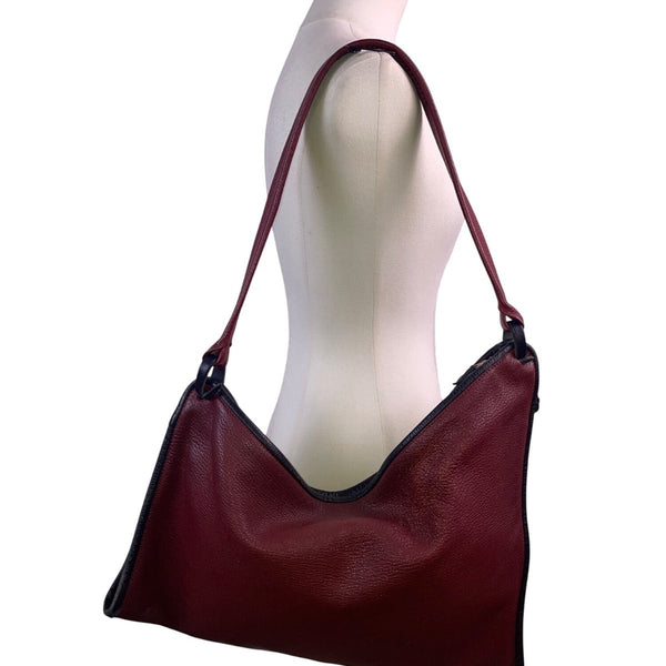 Burgundy Shoulder Bag With Black Trim Faux Leather Classic Design