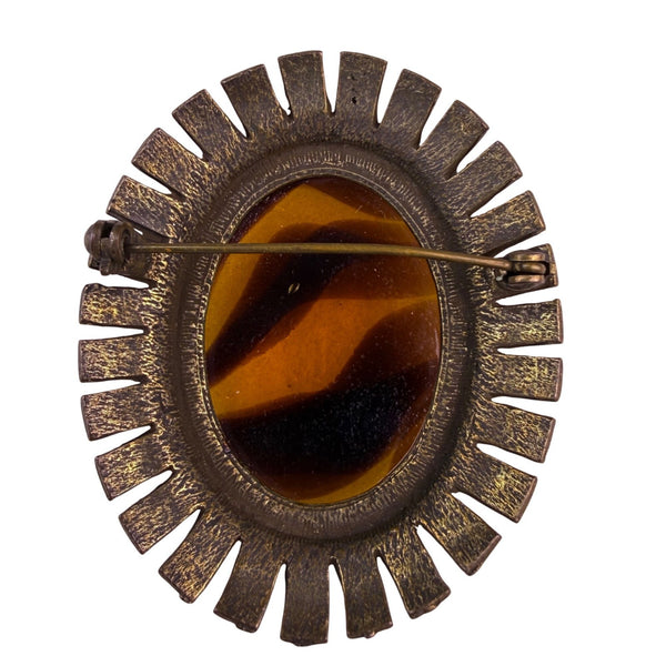 Vintage Womens Brown & Gold Tone Oval Brooch Pin Textured Metal Design